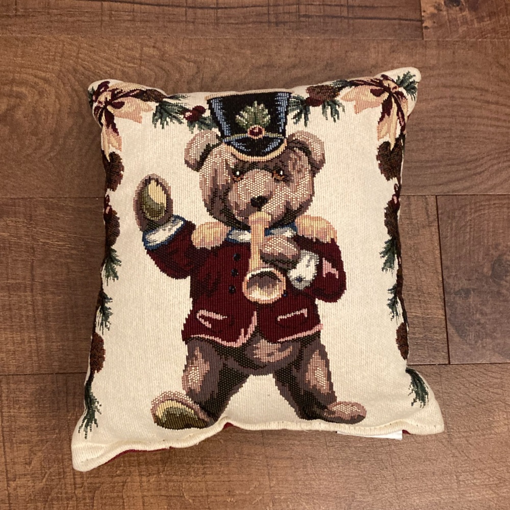 Vintage Christmas Teddy Bear Band Tapestry Pillow Whimsical Holiday Burgundy